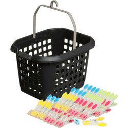 Wasknijpers ophang mandje/bakje - zwart - met 60x plastic soft grip knijpers - knijperszakken