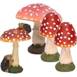 Decoratie paddenstoelen setje met 3x gewone paddenstoel en 1x met een egeltje - Tuinbeelden