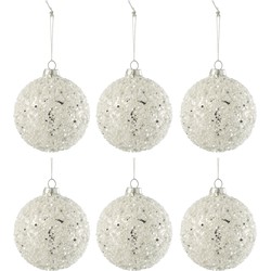 J-line - Doos Van 6 Kerstballen Parels+glitter Glas Zilver/wit Small - 9x9x10cm