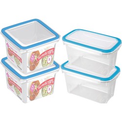 4x Voedsel plastic bewaarbakjes 1,2 en 2 liter transparant/blauw - Vershoudbakjes