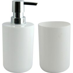 MSV Zeeppompje en drink/tandenborstel beker - badkamer set Porto - kunststof - wit - Badkameraccessoireset
