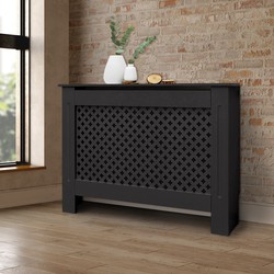 Radiatorbekleding met honingraatmotief zwart, 112x19x82 cm, vervaardigd van gelakt MDF