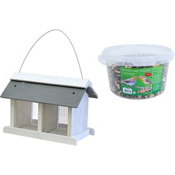 Vogelhuisje/voedersilo met twee vakken hout/leisteen 31 cm inclusief 4-seizoenen energy vogelvoer - Vogelhuisjes