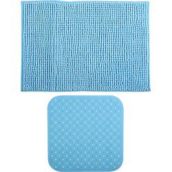MSV Douche anti-slip mat en droogloop mat - Sevilla badkamer set - rubber/microvezel - lichtblauw - Badmatjes