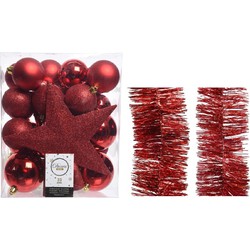 Kerstversiering kerstballen 5-6-8 cm met ster piek en folieslingers pakket rood van 35x stuks - Kerstbal