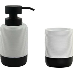 Badkamer accessoires setje drinkbeker en zeeppompje 17 cm wit/zwart - Badkameraccessoireset