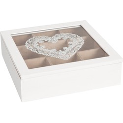 Clayre & Eef Theedoos 9 vakken  24x24x7 cm Wit Hout Glas Vierkant Hart Theekist