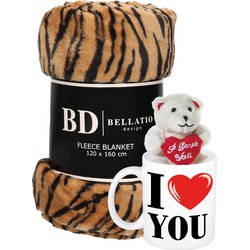 Valentijn cadeau set - Fleece plaid/deken tijger print met I love you mok en beertje - Plaids