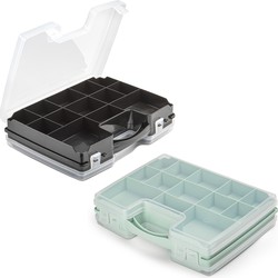 Forte Plastics - 2x Opberg vakjes doos/Sorteerbox - 21-vaks kunststof - 28 x 21 x 6 cm - zwart/groen - Opbergbox