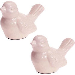 Tuinbeeldje - 2x - vogel - roze - porselein - L12 x B7 x H9 cm - Tuinbeelden