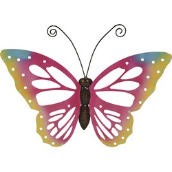 Grote roze deco vlinder/muurvlinder van metaal 51 x 38 cm tuindecoratie - Tuinbeelden