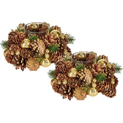 Set van 2x stuks kerst thema kaarsenhouders ornament bruin met goud nature 18 cm - Waxinelichtjeshouders