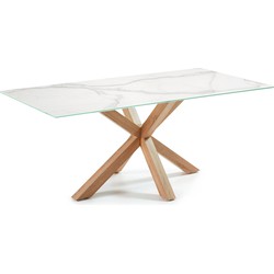 Kave Home - Argo tafel afgewerkt in Kalos wit porselein en stalen poten met houteffect 180 x 100 cm