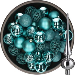 37x stuks kunststof kerstballen 6 cm turquoise incl. glazen piek glans zilver - Kerstbal
