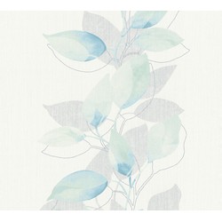 A.S. Création behang bloemmotief wit, groen, grijs en blauw - 53 cm x 10,05 m - AS-378151