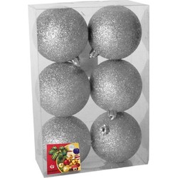 6x stuks kerstballen zilver glitters kunststof 8 cm - Kerstbal
