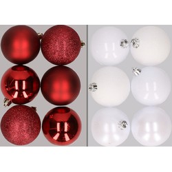12x stuks kunststof kerstballen mix van donkerrood en wit 8 cm - Kerstbal