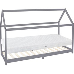 Kinderbed huisbed 90x200 cm lichtgrijs gemaakt van grenenhout incl. matras H-16cm houten bed met dak en lattenbodem ML design