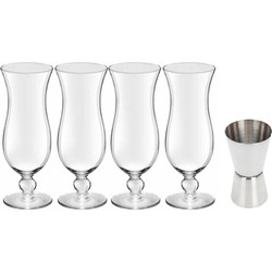 4x Cocktailglazen / blue hawaii glazen transparant 440 ml met RVS maatbeker / barmaatje - Cocktailglazen