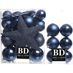39x stuks kunststof kerstballen met ster piek donkerblauw mix - Kerstbal