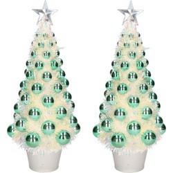 2x stuks kunstkerstbomen compleet met lichtjes en ballen groen 40 cm - Kunstkerstboom