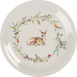 Clayre & Eef Dinerbord  Ø 28 cm Wit Groen Keramiek Rond Hert Eetbord