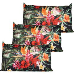 Anna's collection buitenkussen bloem - 3x - zwart/rood - 30 x 50 cm - Sierkussens