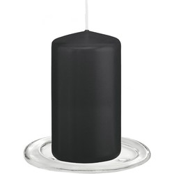 Trend Candles - Stompkaarsen met glazen onderzetters set van 2x stuks - zwart 6 x 12 cm - Stompkaarsen