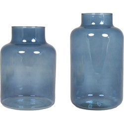 Set van 2 bloemenvazen - blauw transparant - 20 x 15 cm en 25 x 15 cm - Vazen