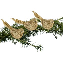 3x Kerstboomversiering glitter gouden vogeltjes op clip 12 cm - Kersthangers