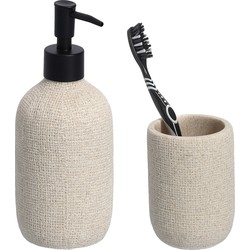 Badkamer accessoires set - kunststeen - jute look - beige - Zeeppompjes