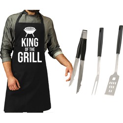 BBQ/barbecue gereedschap set 3-delig RVS met zwart schort King of the grill - Barbecuegereedschapset