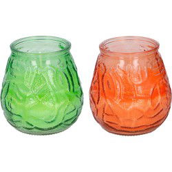 Arti Casa 4x stuks citronella Lowboy tafelkaarsen - 10 cm - oranje en groen glas - geurkaarsen