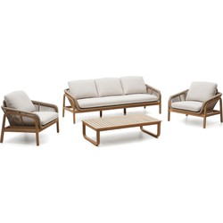 Kave Home - Set Vellana 3-zitsbank, 2 fauteuils en koffietafel van FSC 100% massief acaciahout beige t