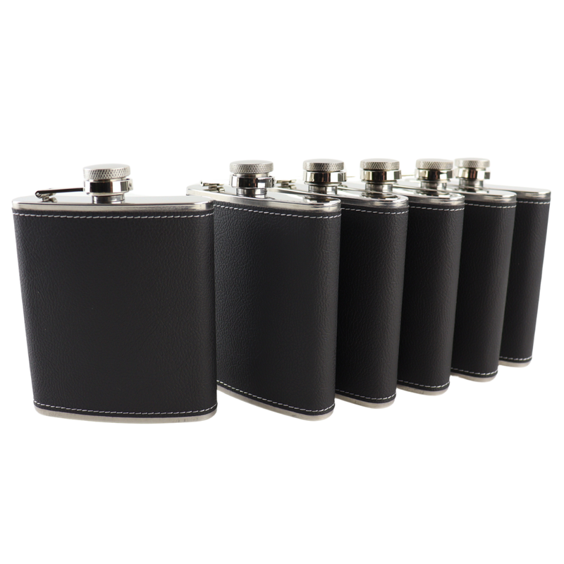HIXA Heupfles - 6 Stuks - Flacon - Veldfles - RVS - Drinkfles - Platvink - 200ml - Leder - Zwart - 