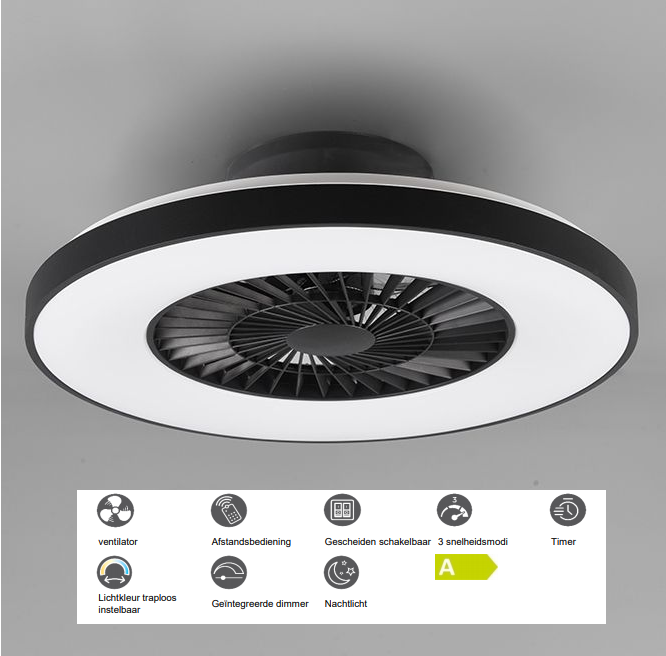 Plafondventilator met LED verlichting - zwart - incl. afstandsbediening - Reality Light - 
