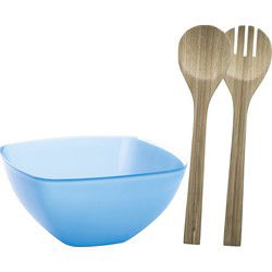 Serveerschaal/slakom met bamboe sla bestek - blauw - 2,75 liter - kunststof - D22,5 x H9,5 cm - Serveerschalen
