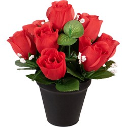 Louis Maes Kunstbloemen klein boeketje rozen in pot - rood - H25 cm - Bloemstuk - Bladgroen - Kunstbloemen