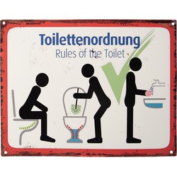 Clayre & Eef Tekstbord  33x25 cm Wit Rood Ijzer Toilettenordnung Rules of the toilet Wandbord