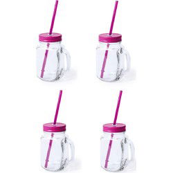 Mason Jar drinkbekers - 4x stuks - glas - dop roze met rietje - 500 ml - Drinkbekers