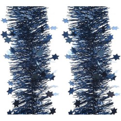 2x Kerst lametta guirlande donkerblauw sterren/glinsterend 10 x 270 cm kerstboom versiering/decoratie - Kerstslingers