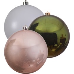 Kerstversieringen set van 6x grote kunststof kerstballen groen-wit-roze 14 cm glans - Kerstbal