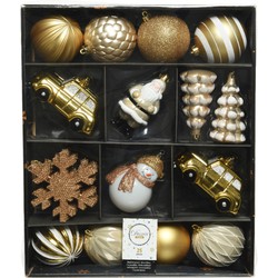 25x stuks kerstballen en kersthangers figuurtjes goud met wit kunststof - Kersthangers