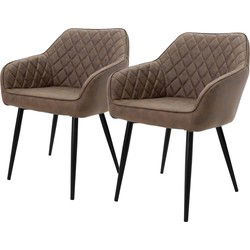 Eetkamerstoel set van 2 diamant doorgestikte bruine kunstleren bekleding met metalen poten & armleuningen incl. montagemateriaal ML-Design