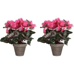 2x Roze cycklamen kunstplanten 30 cm met oranje bloemen en grijze pot - Kunstplanten