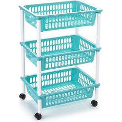 Opberg organiser trolleys/roltafels met 3 manden 62 cm in het turquoise blauw - Opberg trolley