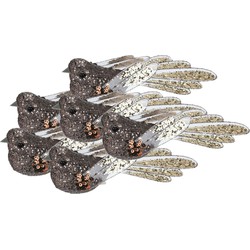 6x stuks kunststof decoratie vogels op clip bruin met pailletten 15 cm - Kersthangers