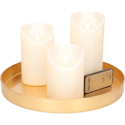Ronde kaarsenplateau goud van kunststof D27 cm met 3 parel witte LED-kaarsen 10/12,5/15 cm - Kaarsenplateaus