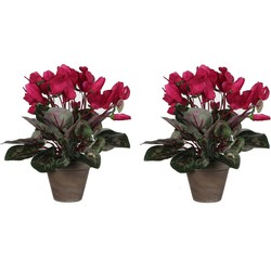 2x stuks cyclaam kunstplanten donker roze in keramieken pot H30 x D30 cm - Kunstplanten