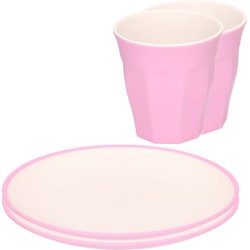 Set van 12x onbreekbare kunststof/melamine roze ontbijt bordjes/bekers - Campingborden